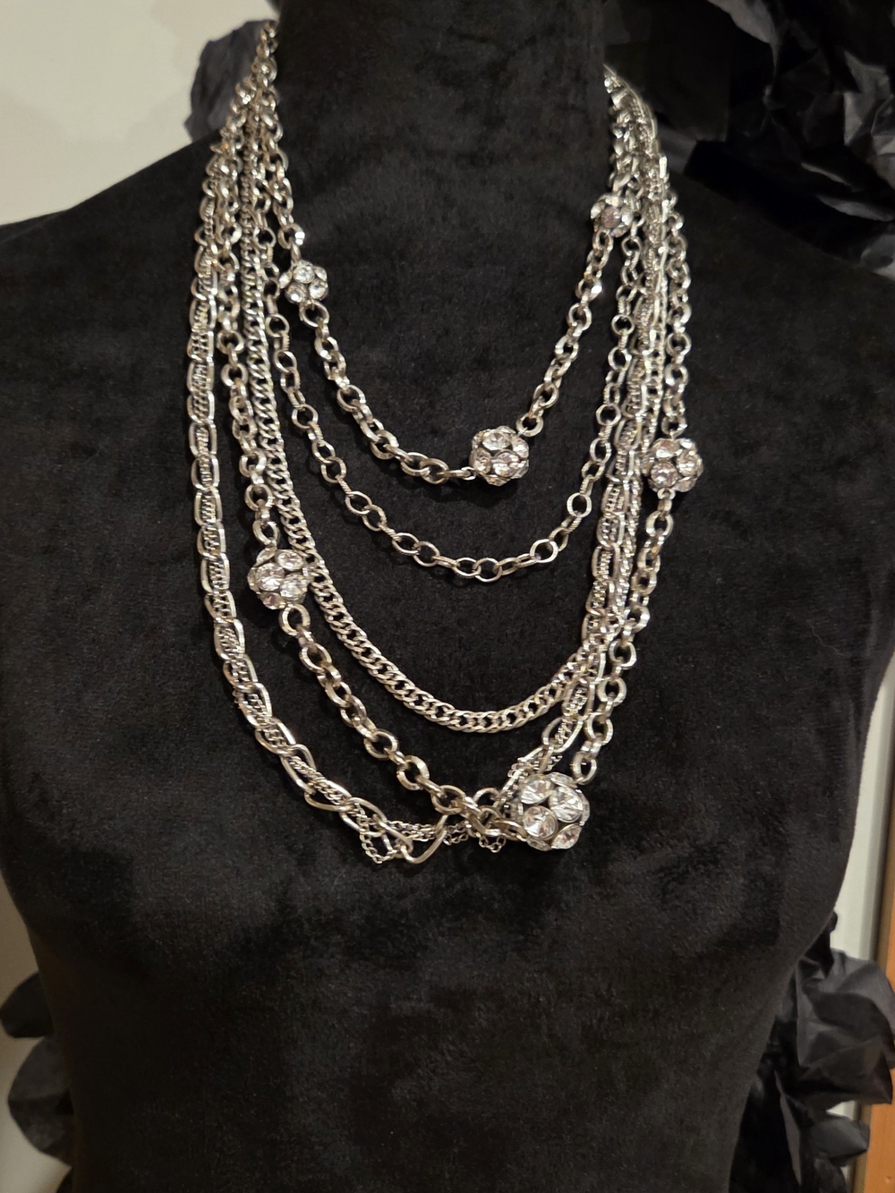 Layered Silver Crystal Statement Necklace